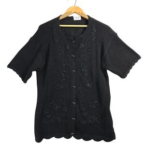 Black Hand Knit Short Sleeve Cardigan Size Large Embroidered‎ Scalloped Trim